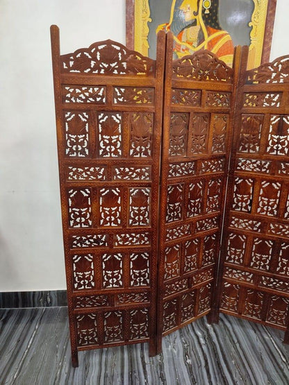 Wooden Divider Carved 4 Panel Wooden Partition Screen , Room Divider , Hand Polished Wooden Screen , Vintage Folding Screen , Hand Made.