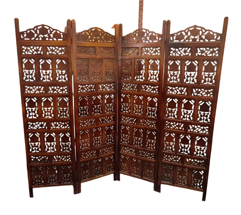 Wooden Divider Carved 4 Panel Wooden Partition Screen , Room Divider , Hand Polished Wooden Screen , Vintage Folding Screen , Hand Made.