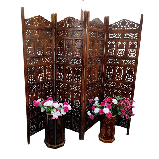 Wooden Divider Carved 4 Panel Wooden Partition Screen , Room Divider , Hand Polished Wooden Screen , Vintage Folding Screen , Hand Made.