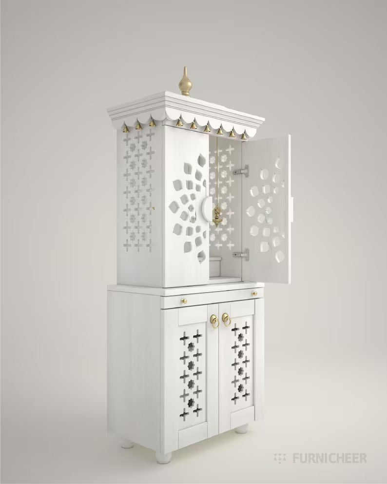 Beautiful free standing puja mandapam with doors & brass accents