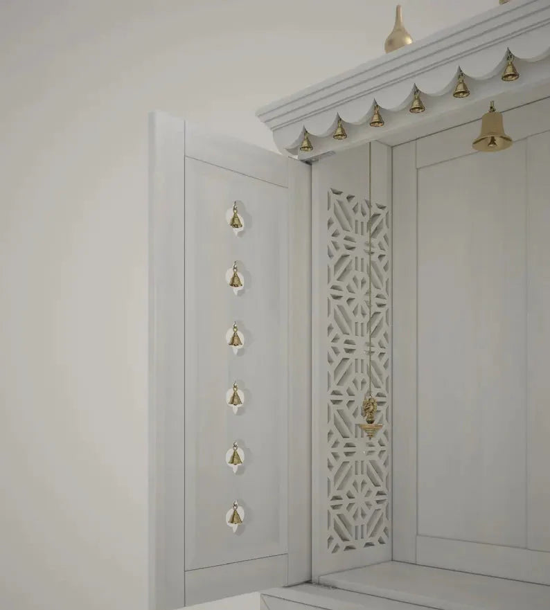 Beautifully crafted free-standing puja temple with door, tray & storage