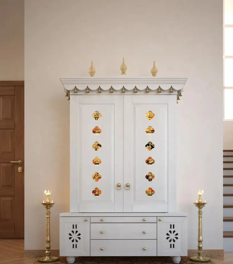 Beautifully crafted free-standing puja temple with door, tray & storage