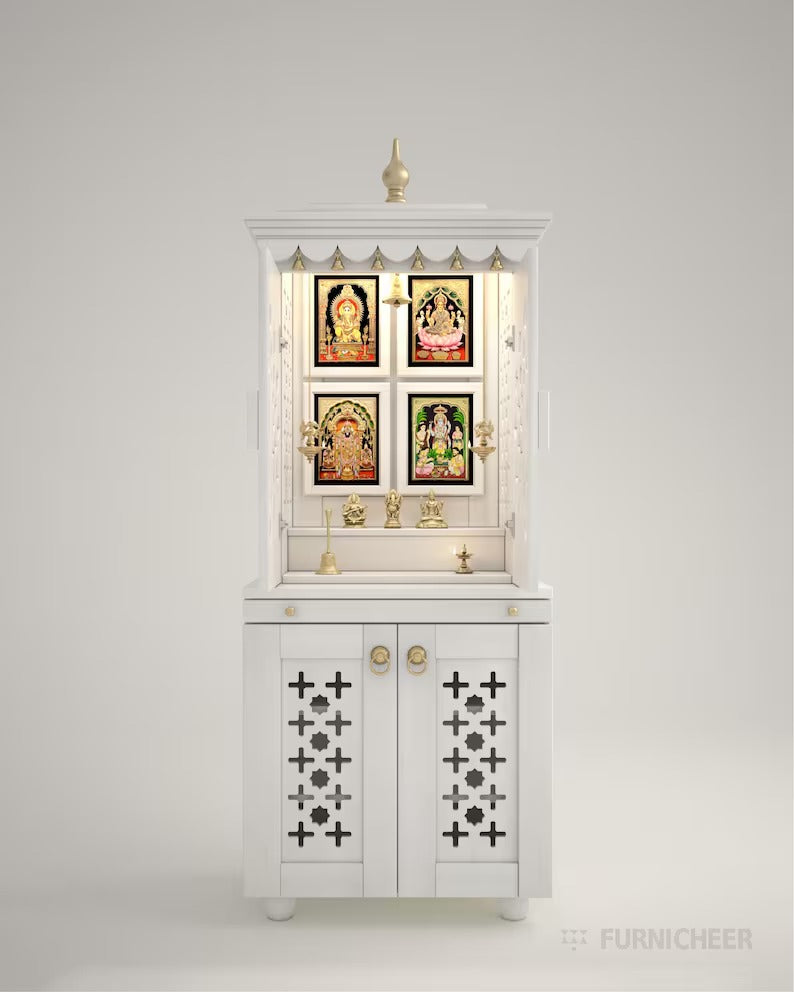 Beautiful free standing puja mandapam with doors & brass accents