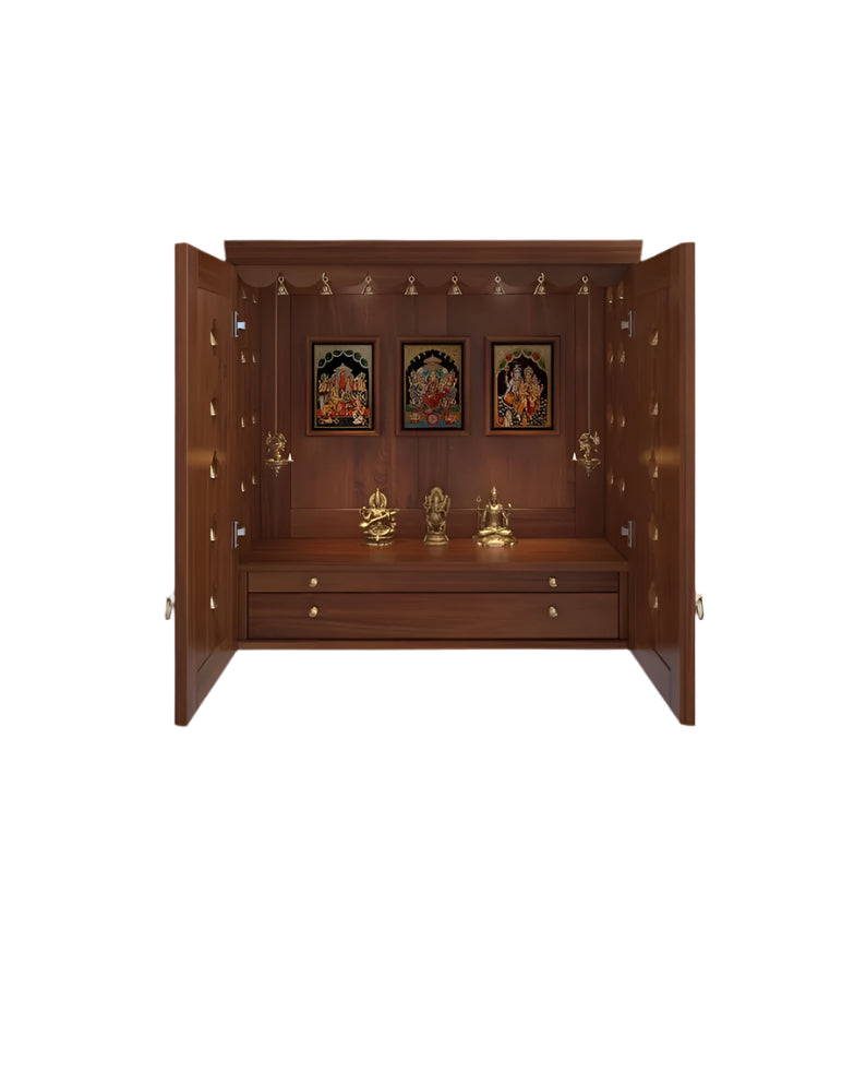 Handmade solid wood puja mandir with pullout tray and drawe