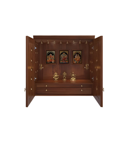 Handmade solid wood puja mandir with pullout tray and drawe