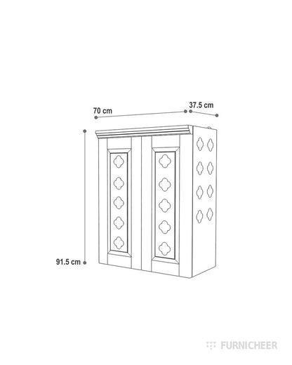 Wall mount puja mandir with door having flower cutouts & bells