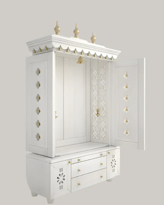 Beautifully crafted free-standing puja temple with door, tray & storage
