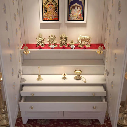 Wooden Cabinet Mandir Temple - White Stained PU Finished in Tulip Wood