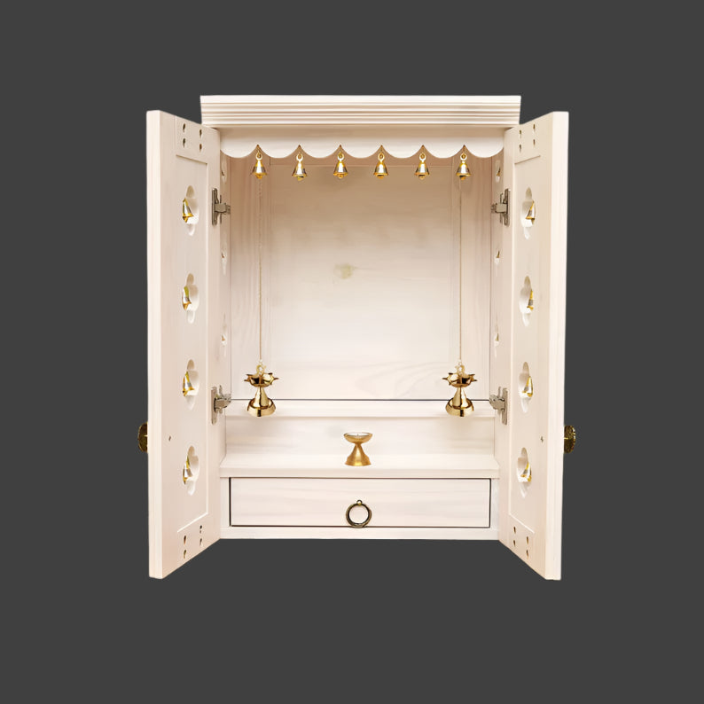 Wall Mount Pooja Unit with Drawer, Pure Brass Knob,