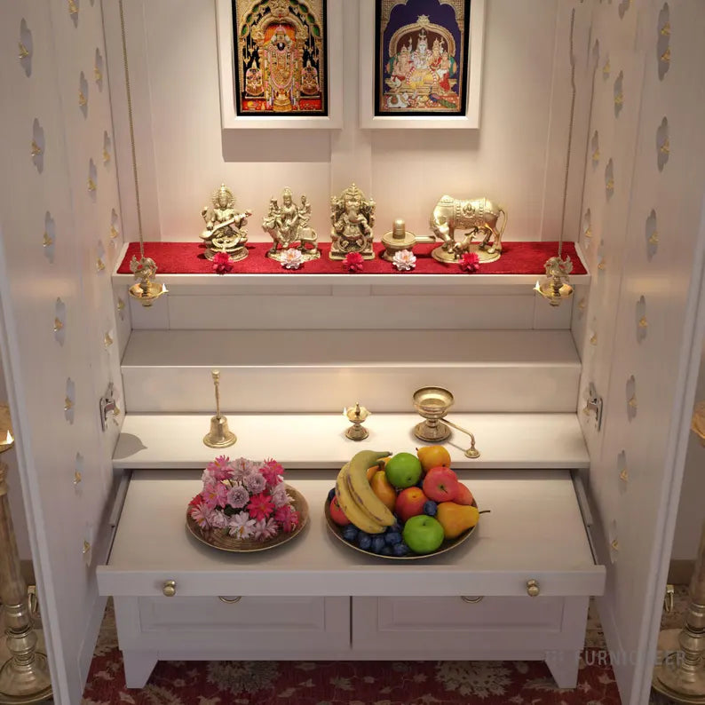 Wooden Cabinet Mandir Temple - White Stained PU Finished in Tulip Wood