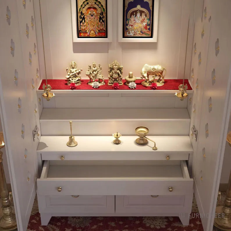 Wooden Cabinet Mandir Temple - White Stained PU Finished in Tulip Wood