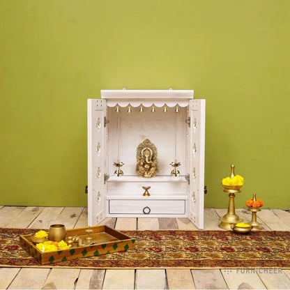 Wall Mount Pooja Unit with Drawer, Pure Brass Knob,