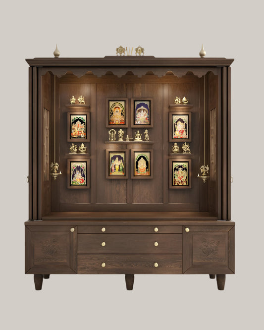 Beautifully Crafted stunning Free-Standing Pooja Temple with Bifold Shutters & Pure Brass Accents