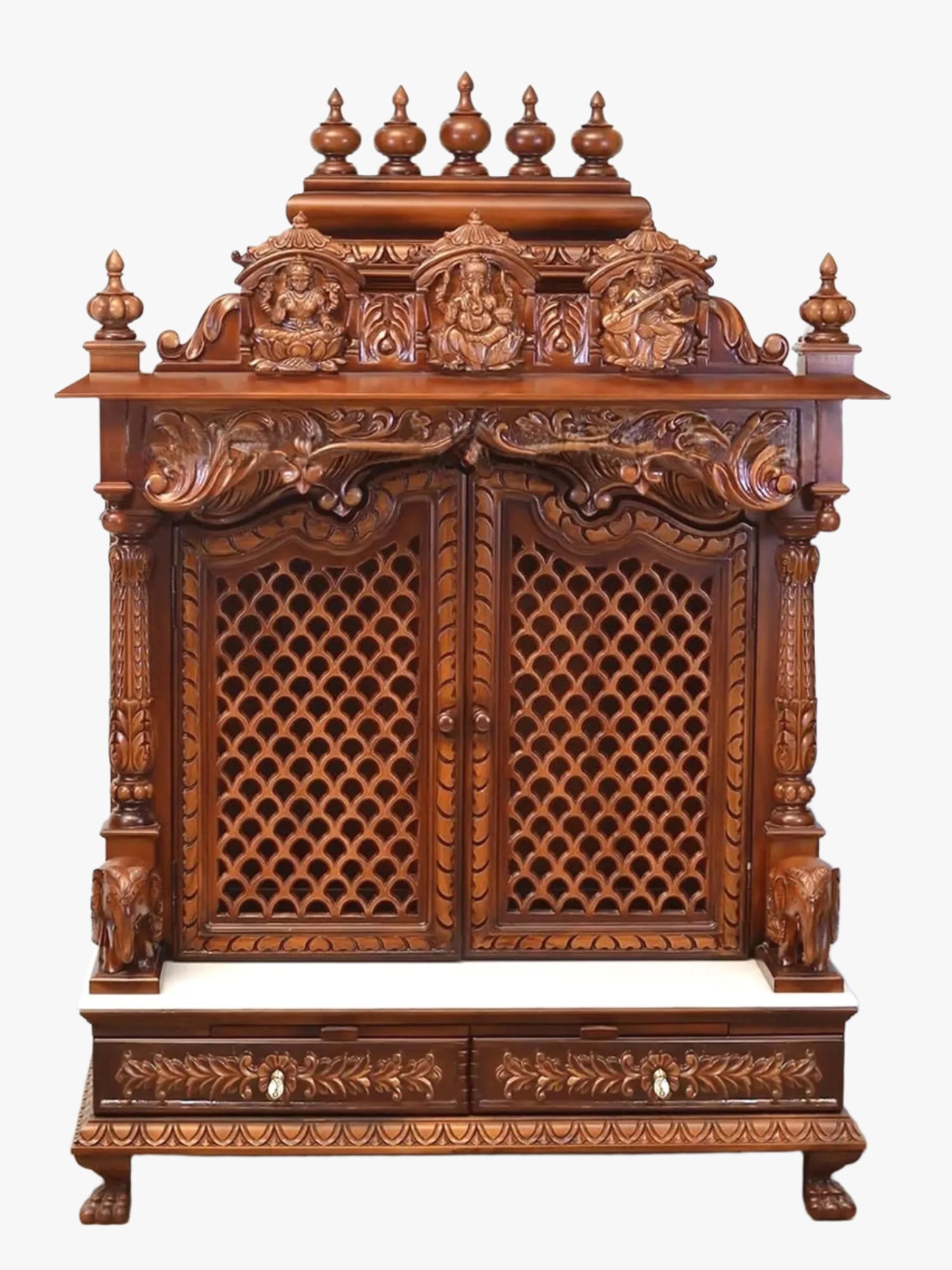 Lakshmi Ganesha Saraswati hand carved wooden temple with marble for home