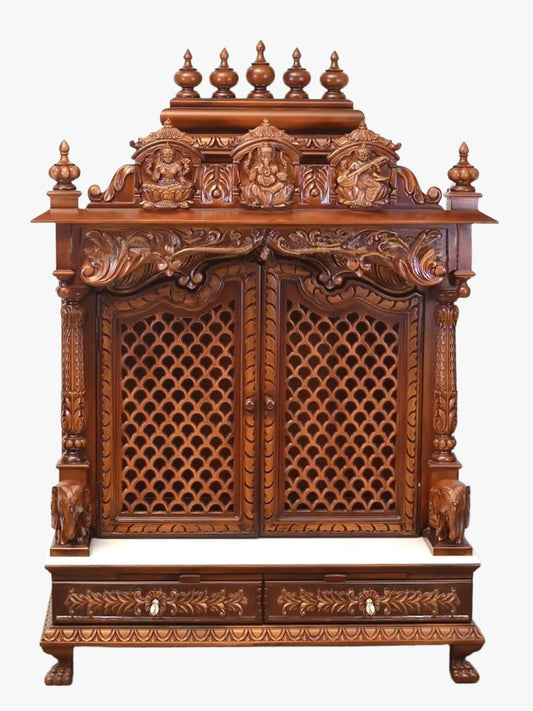 Lakshmi Ganesha Saraswati hand carved wooden temple with marble for home