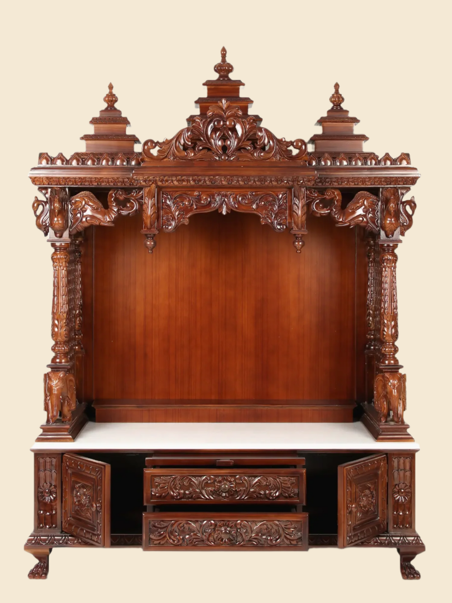 Large carved wooden pooja mandir with marble construction