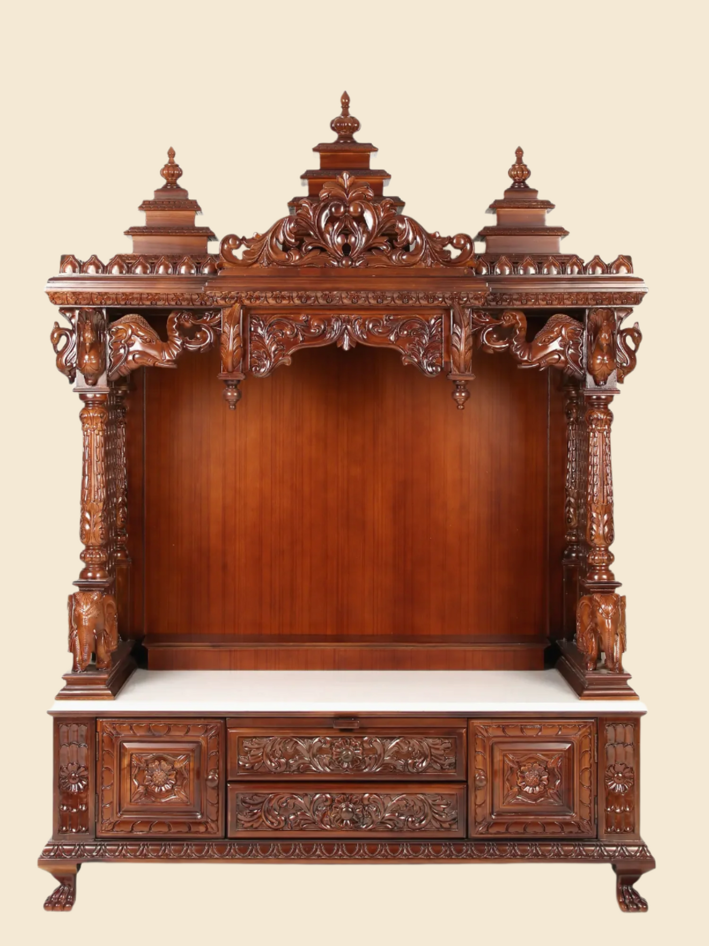 Large hand carved wooden and marble temple for home with traditional Indian design