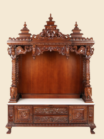 Large hand carved wooden and marble temple for home with traditional Indian design