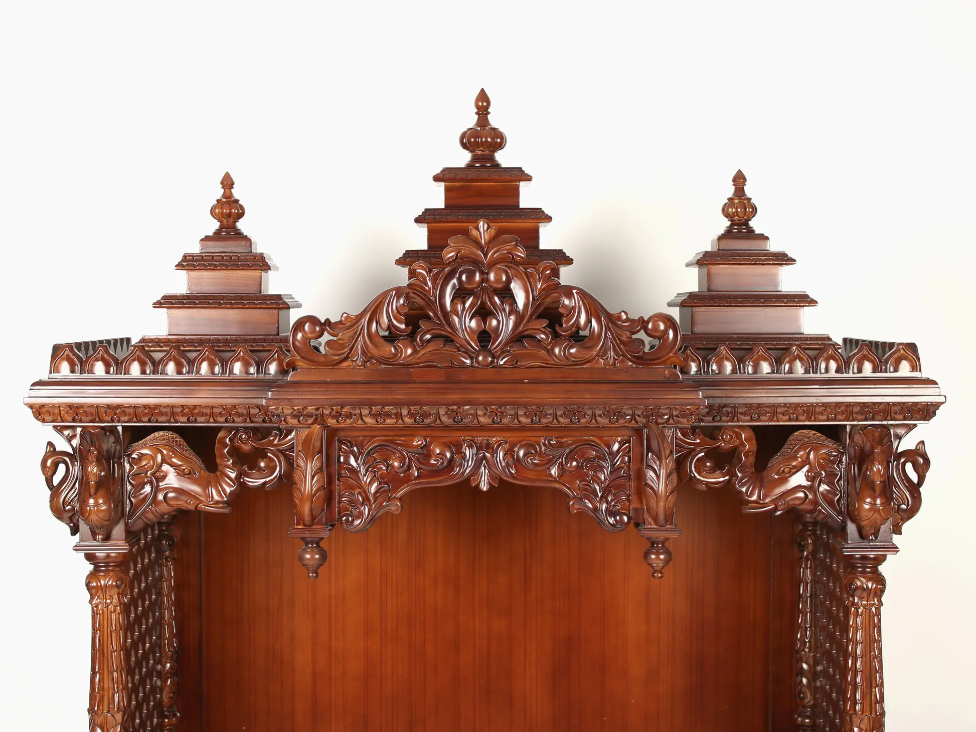 Handcrafted carved wooden mandir with spacious prayer altar