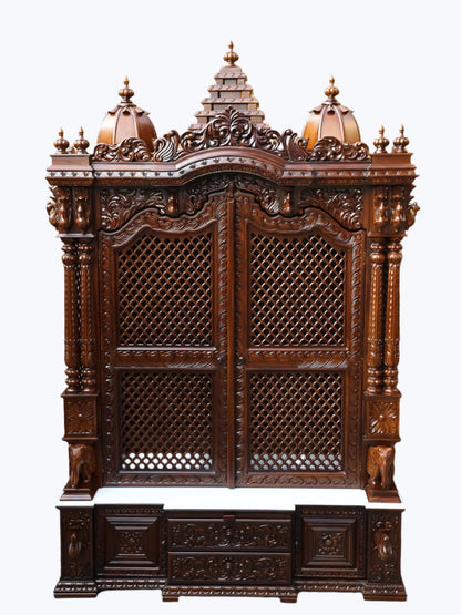 Handcrafted wooden home mandir with traditional Hindu temple design