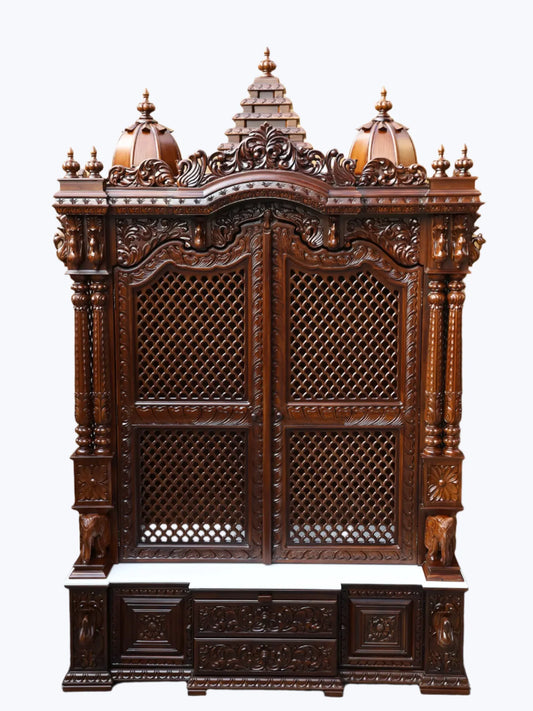 Handcrafted wooden home mandir with traditional Hindu temple design
