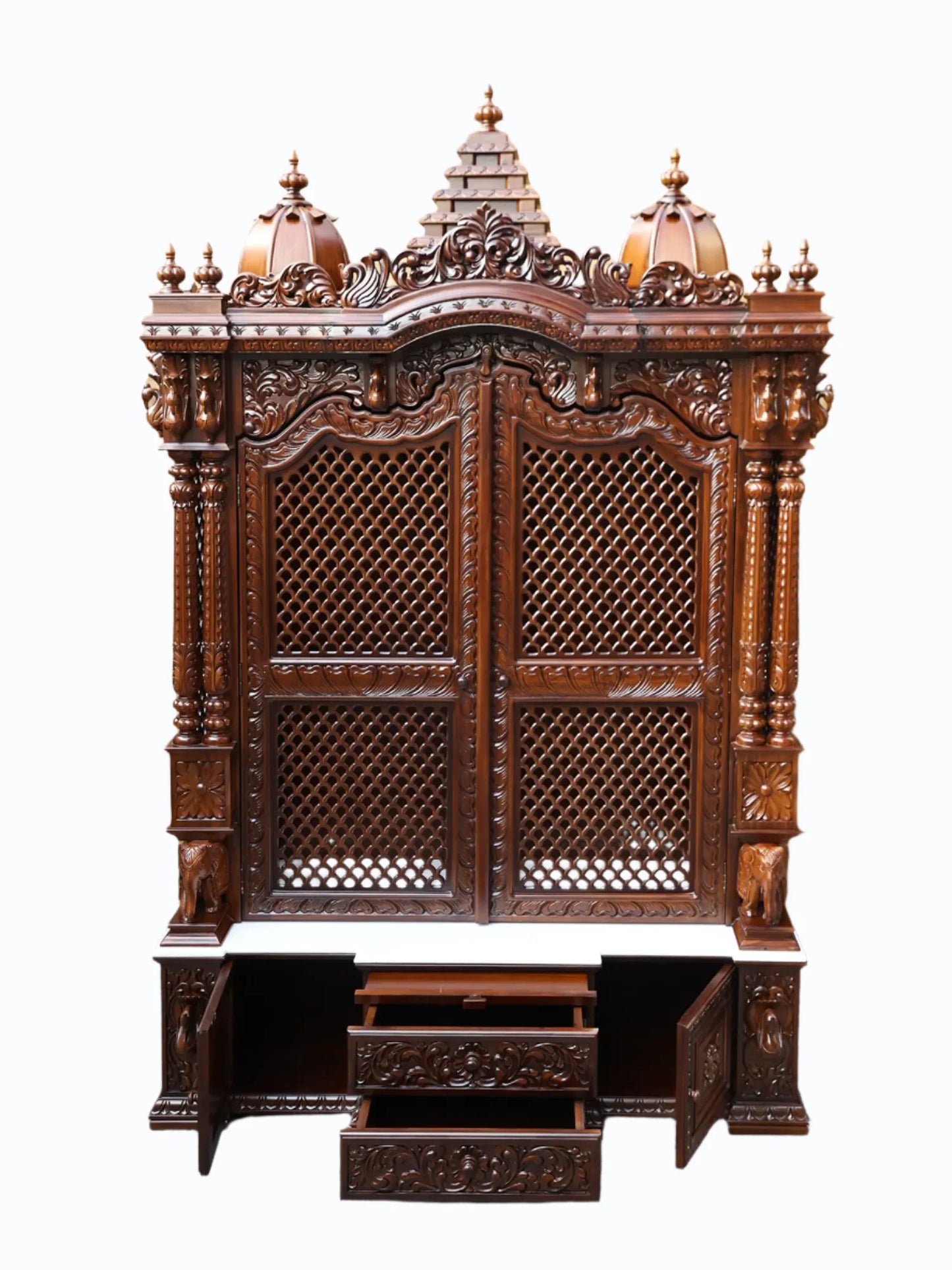 Handcrafted wooden home mandir with traditional Hindu temple design