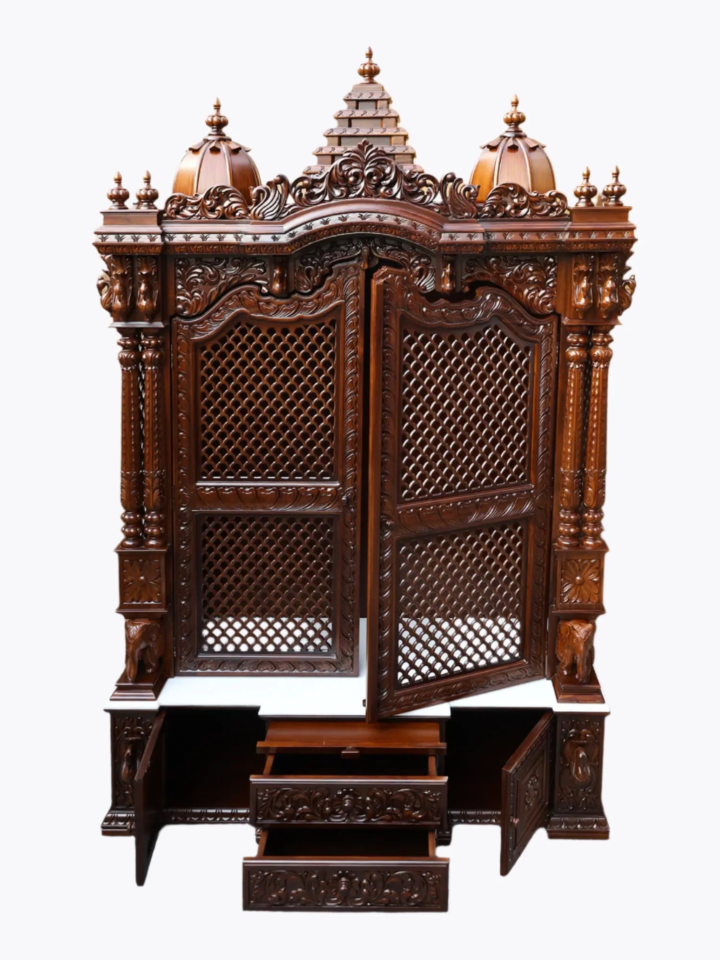 Handcrafted wooden home mandir with traditional Hindu temple design