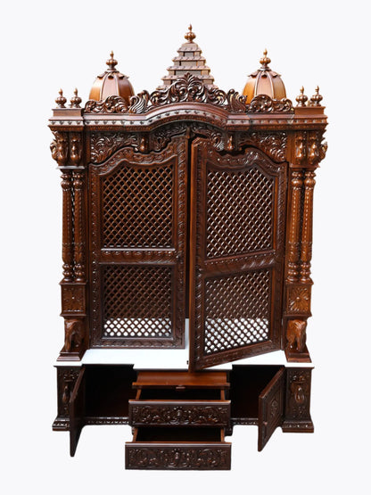 Handcrafted wooden home mandir with traditional Hindu temple design