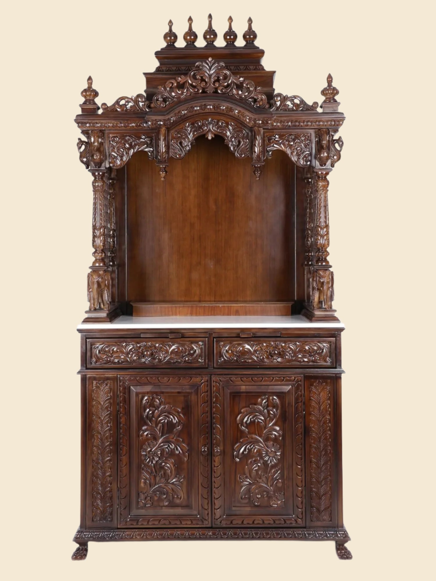 Large handmade floor standing wooden temple for home with traditional Indian pooja mandir design