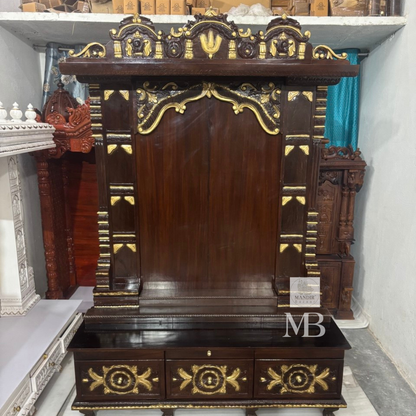 Hand carved teak wood mandir for home with traditional gold detailing and storage drawers