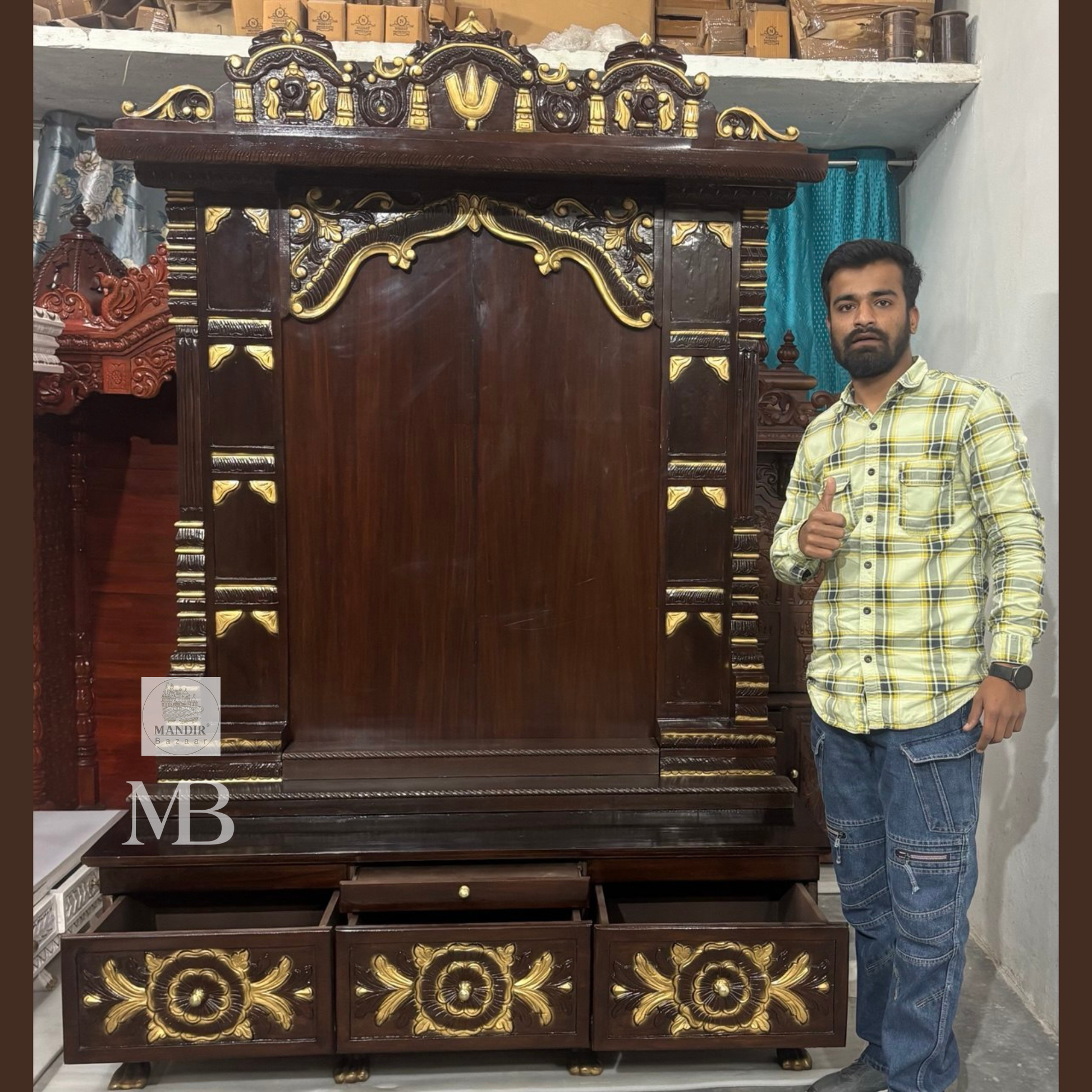 Hand carved teak wood mandir for home with traditional gold detailing and storage drawers