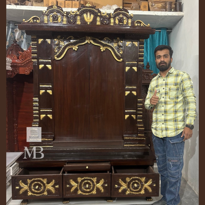 Hand carved teak wood mandir for home with traditional gold detailing and storage drawers