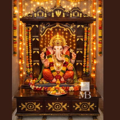 Hand carved teak wood mandir for home with traditional gold detailing and storage drawers