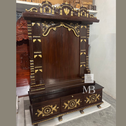 Large teak wood home temple with spacious prayer area suitable for large Hindu idols