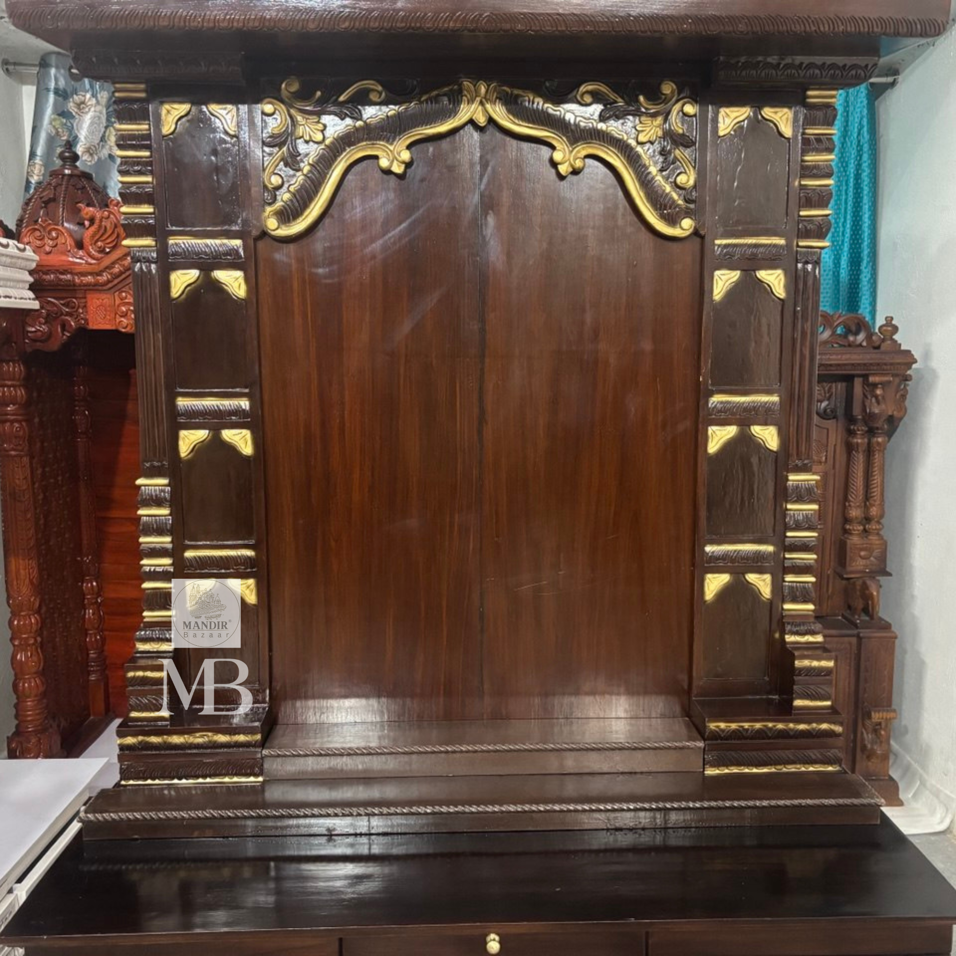 Large teak wood home temple with spacious prayer area suitable for large Hindu idols