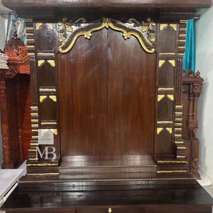 Large teak wood home temple with spacious prayer area suitable for large Hindu idols