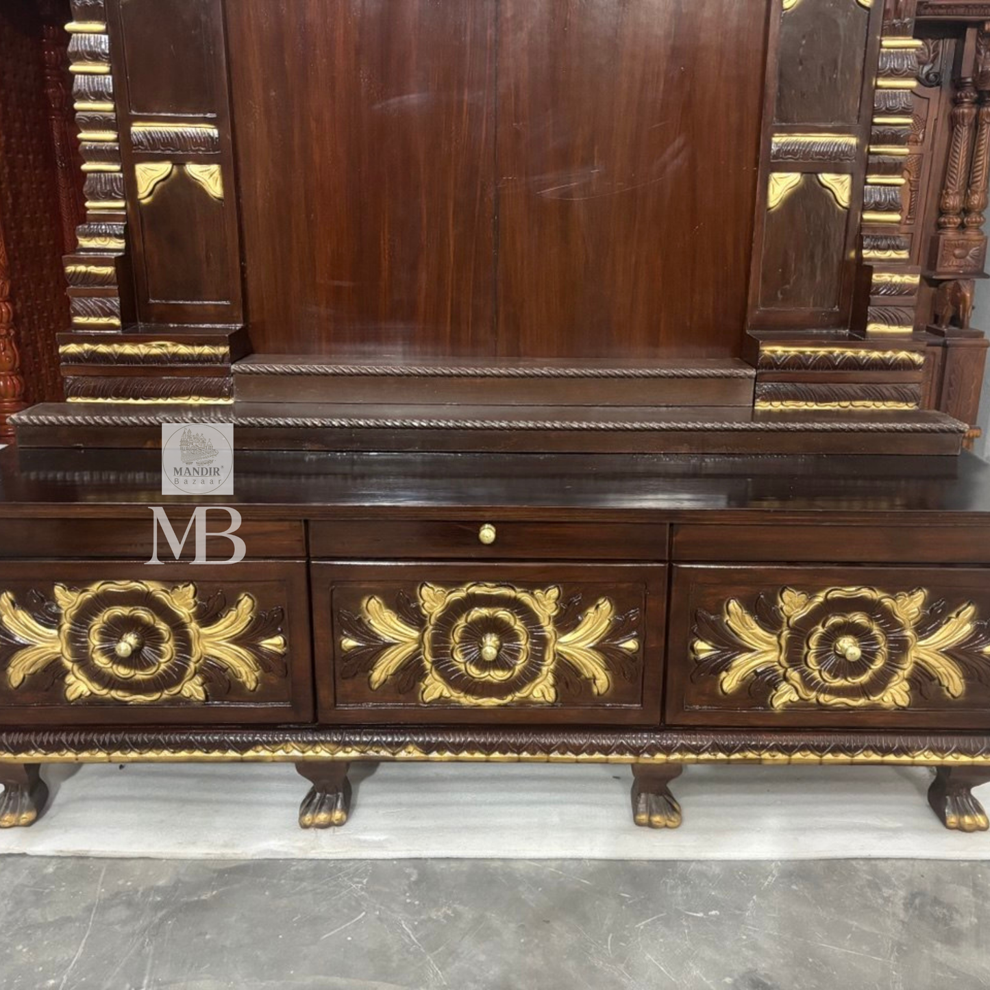 Large teak wood home temple with spacious prayer area suitable for large Hindu idols