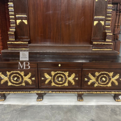 Large teak wood home temple with spacious prayer area suitable for large Hindu idols