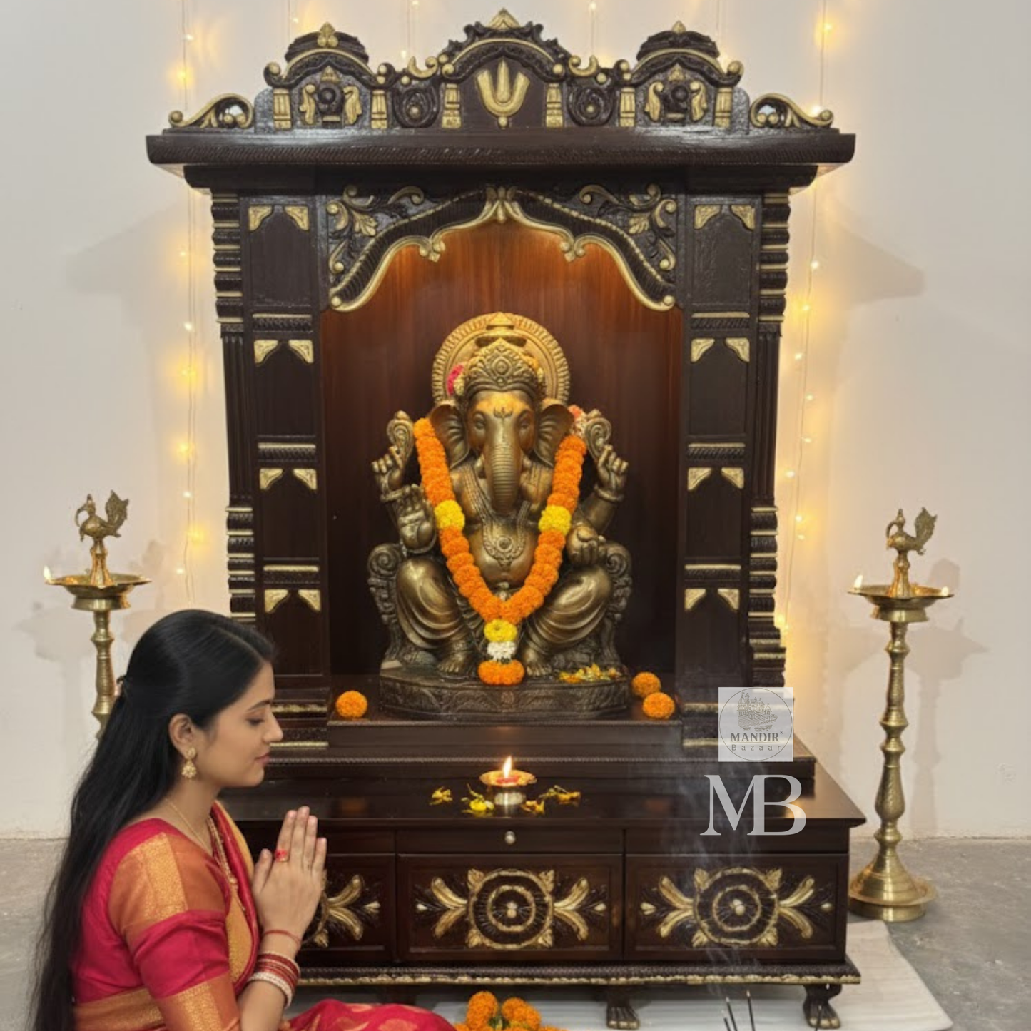 Large teak wood home temple with spacious prayer area suitable for large Hindu idols