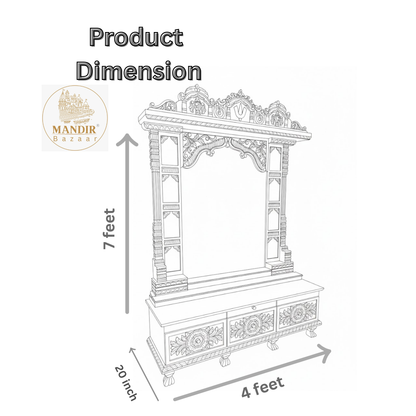 Large teak wood home temple with spacious prayer area suitable for large Hindu idols