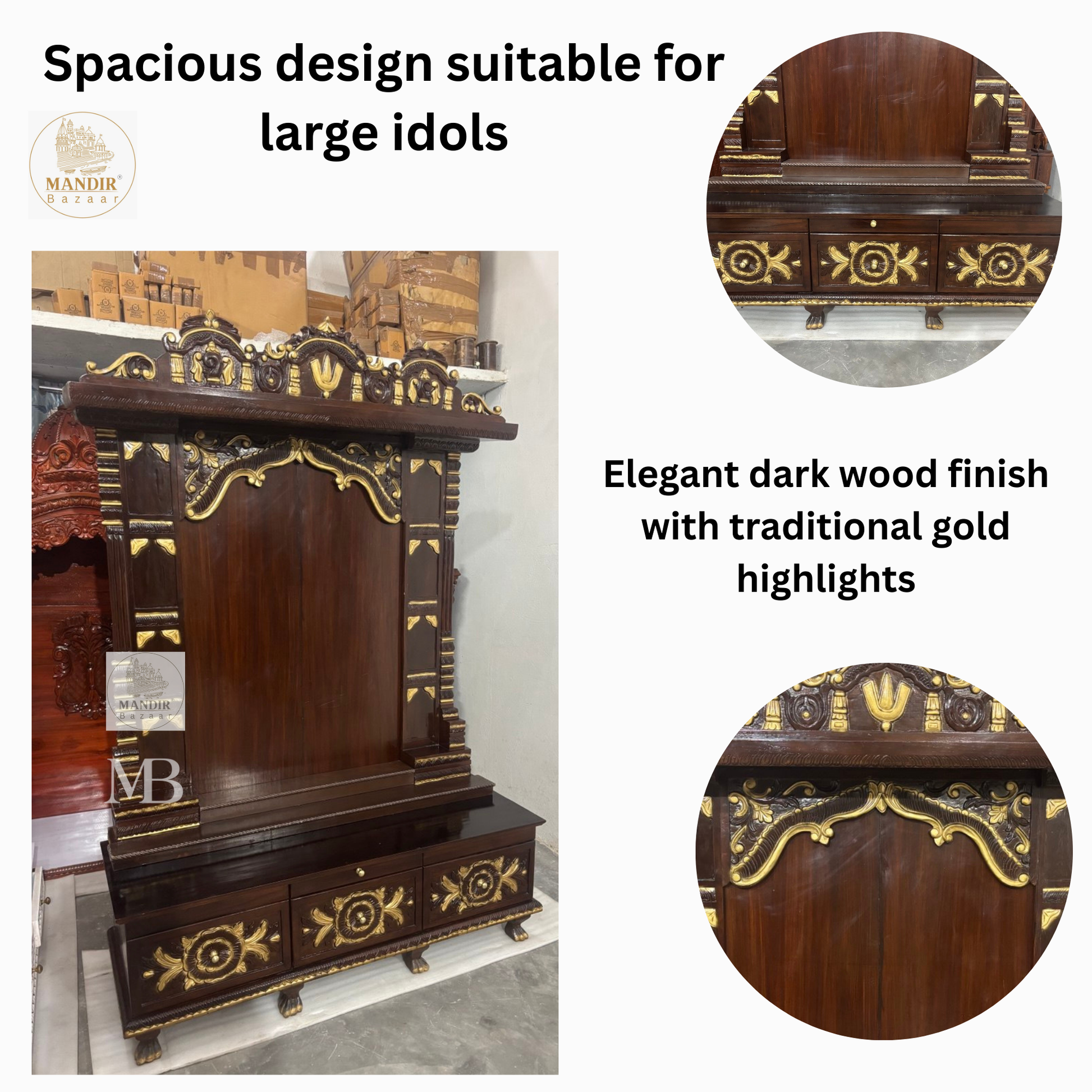 Large teak wood home temple with spacious prayer area suitable for large Hindu idols
