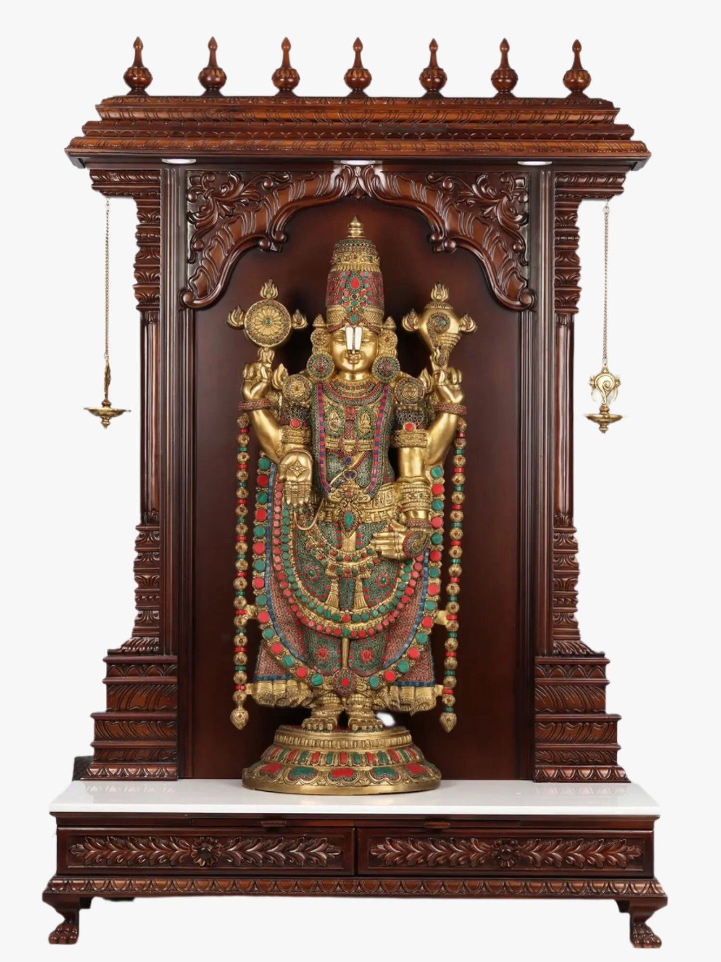 large teakwood pooja temple with brass lamps for home
