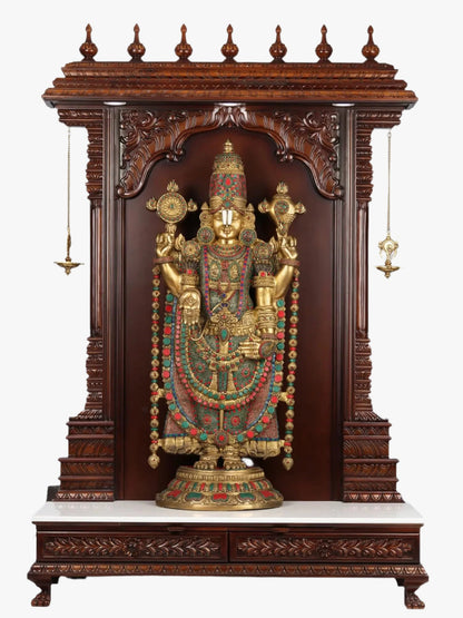 large teakwood pooja temple with brass lamps for home