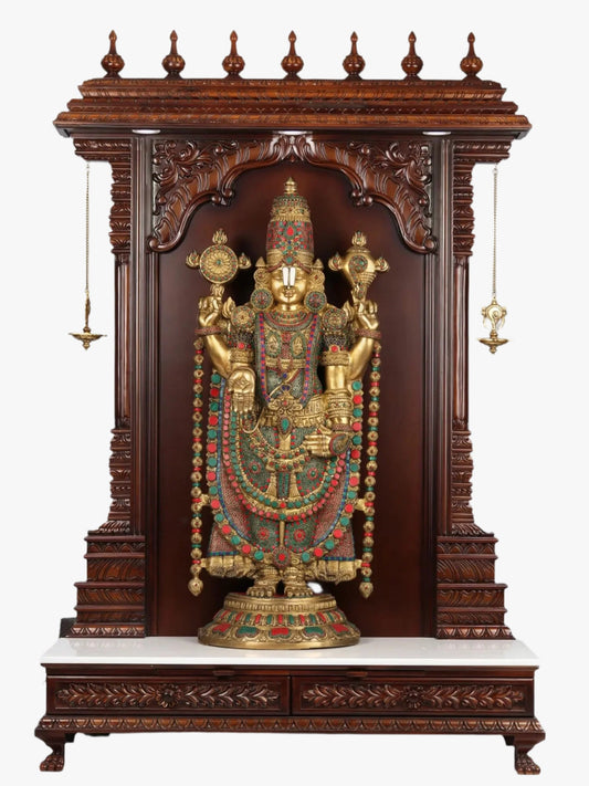 large teakwood pooja temple with brass lamps for home