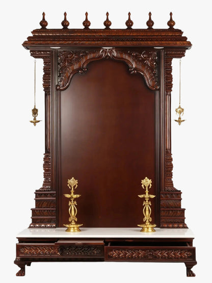 luxury teakwood wooden mandir with brass lamps and marble detailing