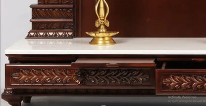 luxury teakwood wooden mandir with brass lamps and marble detailing