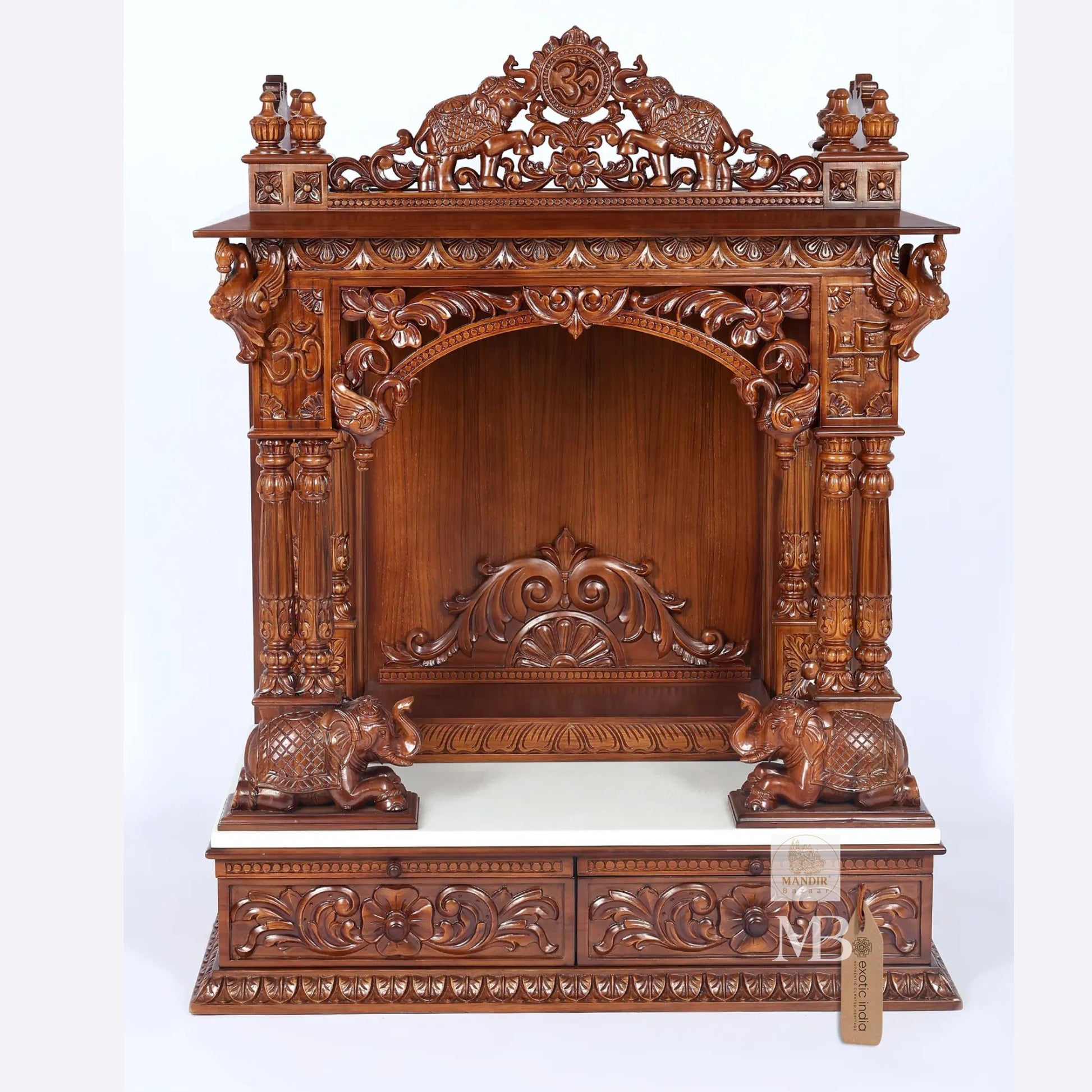 Handcrafted carved wooden pooja mandir with storage drawers