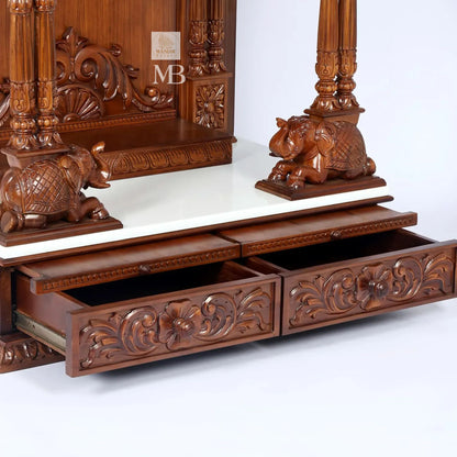 Handcrafted carved wooden pooja mandir with storage drawers