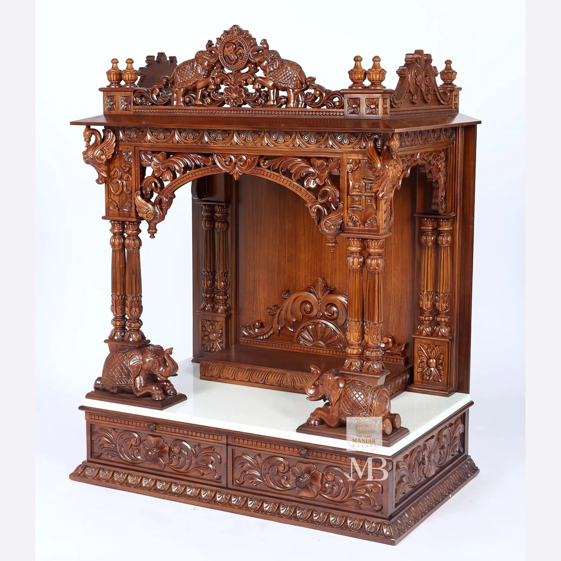 Handcrafted carved wooden pooja mandir with storage drawers