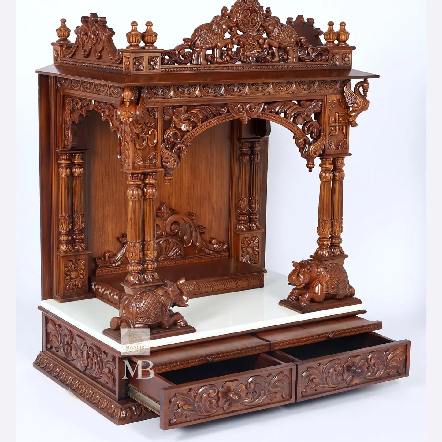 Handcrafted carved wooden pooja mandir with storage drawers